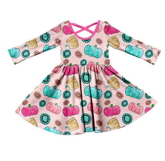 Baby Girls Pink Western Pumpkin Knee Length Dresses Preorder(moq 5)