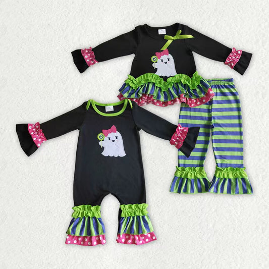 Sibling Baby Girls Green Stripe Embroidery Ghost Tunic Ruffle Pants Halloween Clothes Sets Rompers