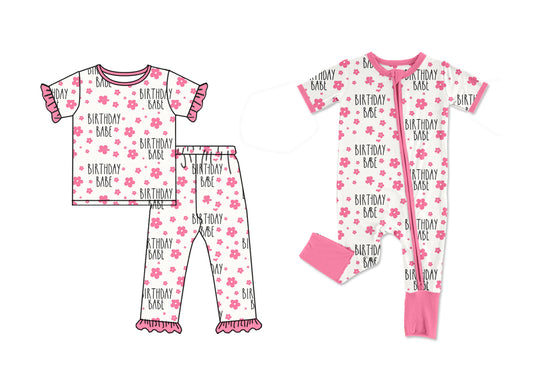 Preorder(moq 5 each)Baby Girls Birthday Babe Flowers Top Pants Pajamas Zip Rompers Clothes Sets