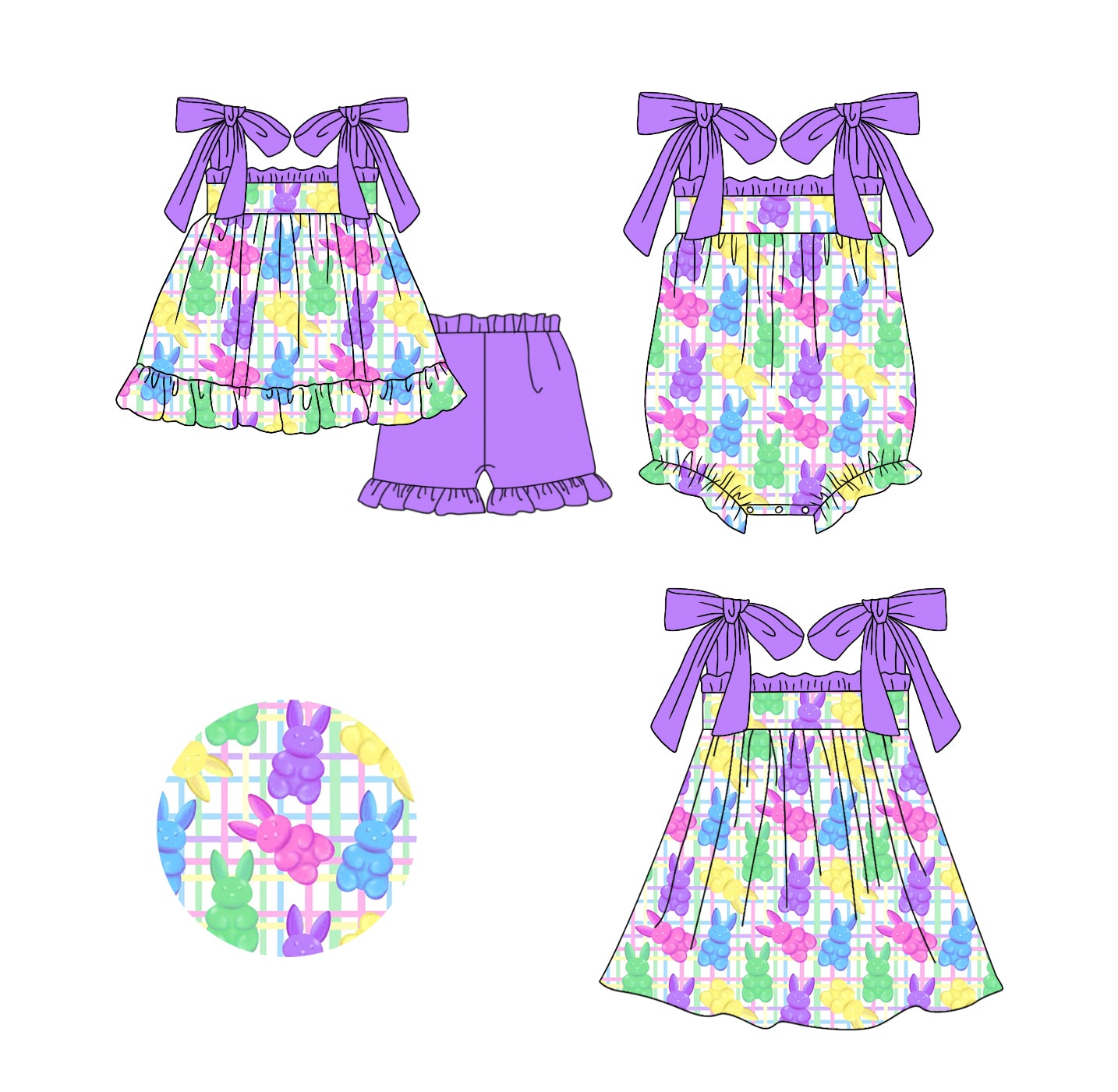 Preorder(moq 5 each)Sibling Baby Girls Colorful Easter Rabbits Straps Romper Dress Shorts Sets