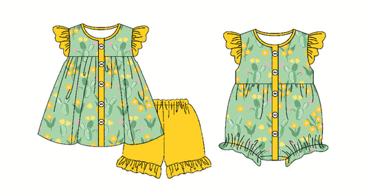 Preorder moq 5 Custom Baby Girls Yellow Button Flowers Tunic Ruffle Short Set Rompers