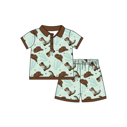 Preorder (moq 5)Baby Boys Western Boots Cactus Pullover Shirt Shorts Clothes Sets