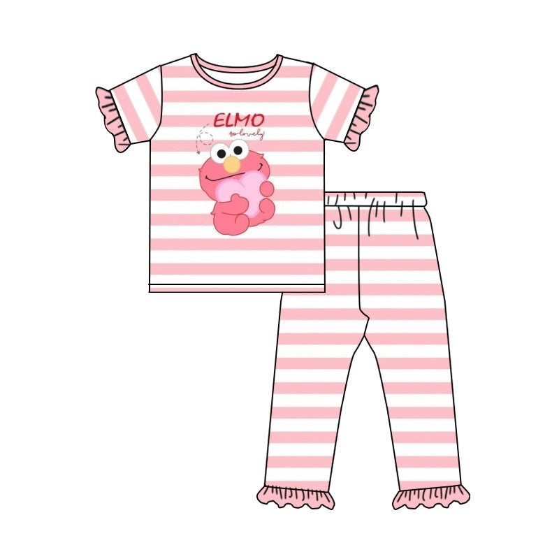 Baby Girls Pink Stripes Cartoon Shirt Ruffle Pants Pajamas Clothes Sets preorder (moq 5)