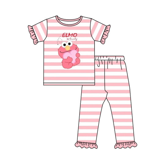 Baby Girls Pink Stripes Cartoon Shirt Ruffle Pants Pajamas Clothes Sets preorder (moq 5)