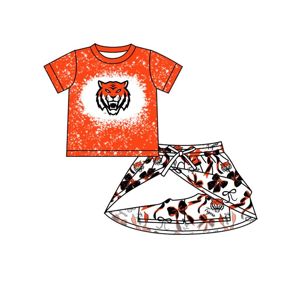 Preorder (moq 5)Baby Girls Short Sleeves Orange Tigers Top Bows Skorts Team Sets