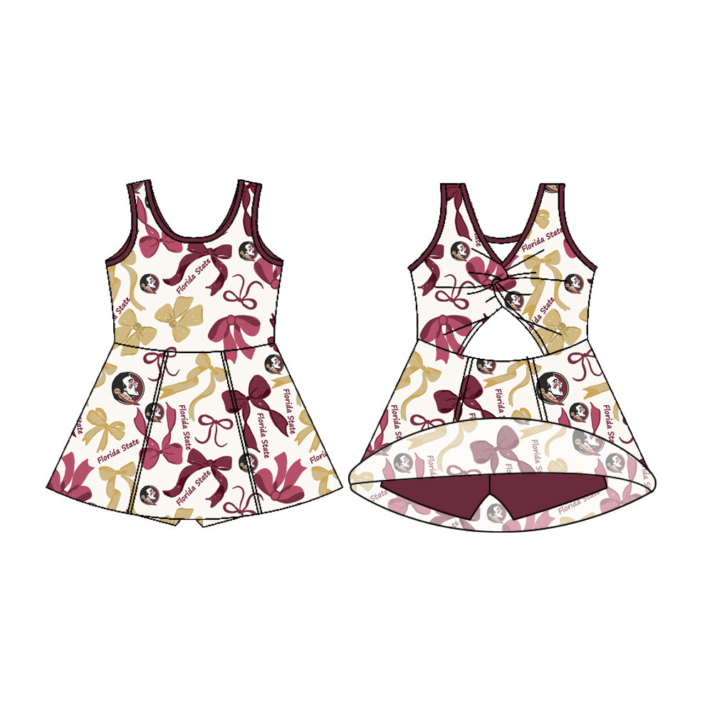 Preorder (moq 5)Baby Girls Sleeveless Florida State Bows Shorts Team Knee Length Dresses