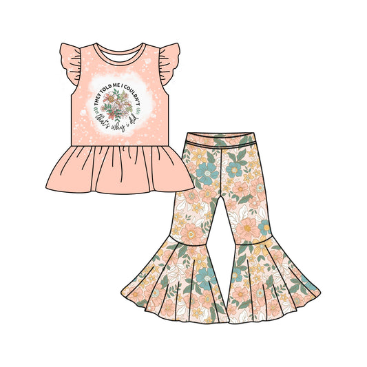 Preorder (moq 5)Baby Girls Pink Flowers Shirt Top Bell Pants Clothes Sets