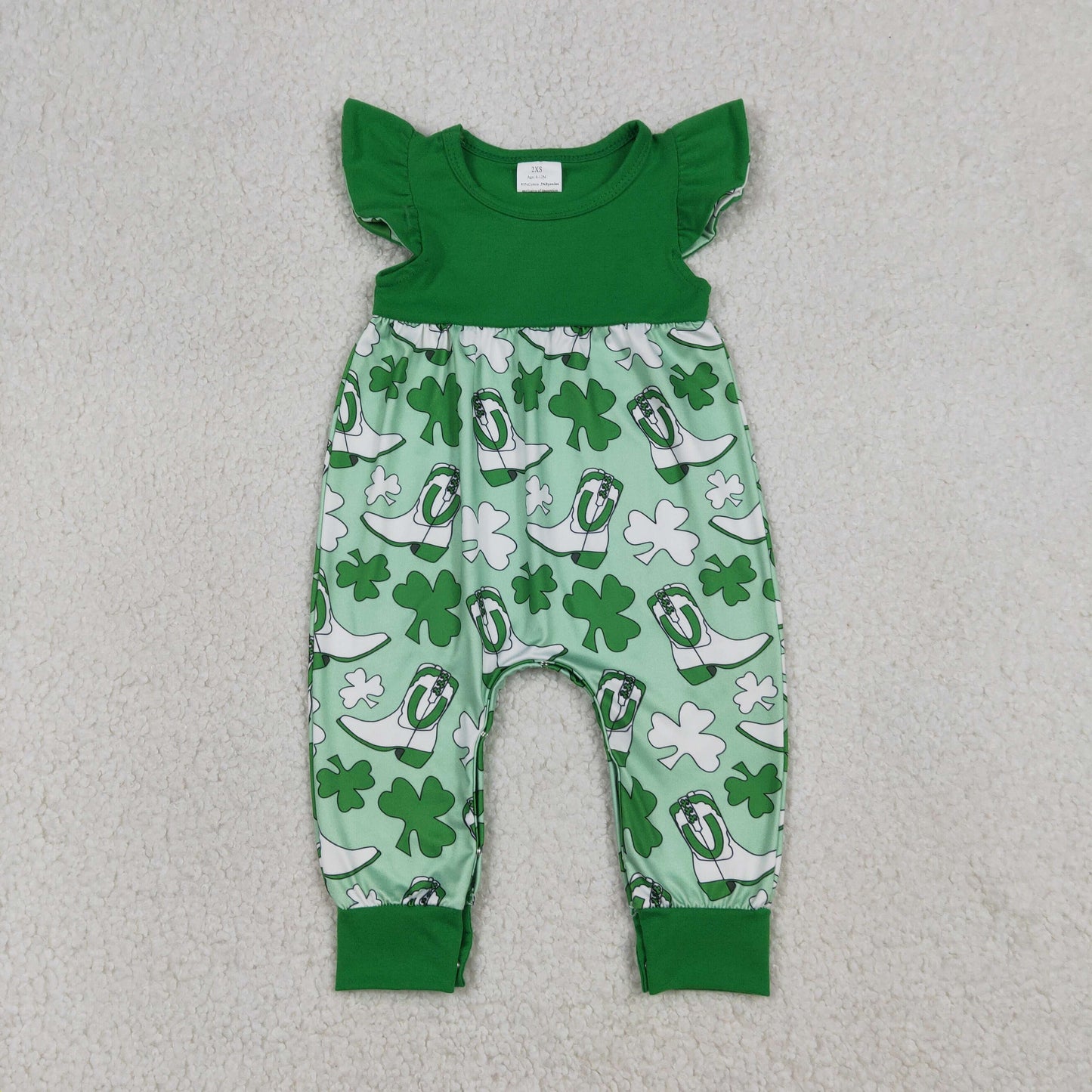 Baby Girls Flutter Sleeve Clovers Boots St Patrick Rompers