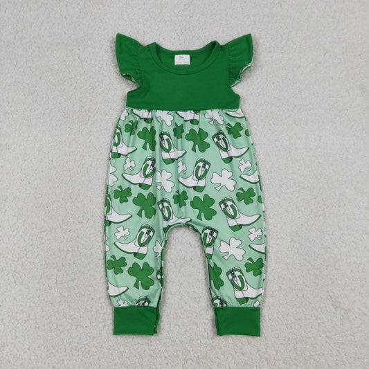 Baby Girls Flutter Sleeve Clovers Boots St Patrick Rompers
