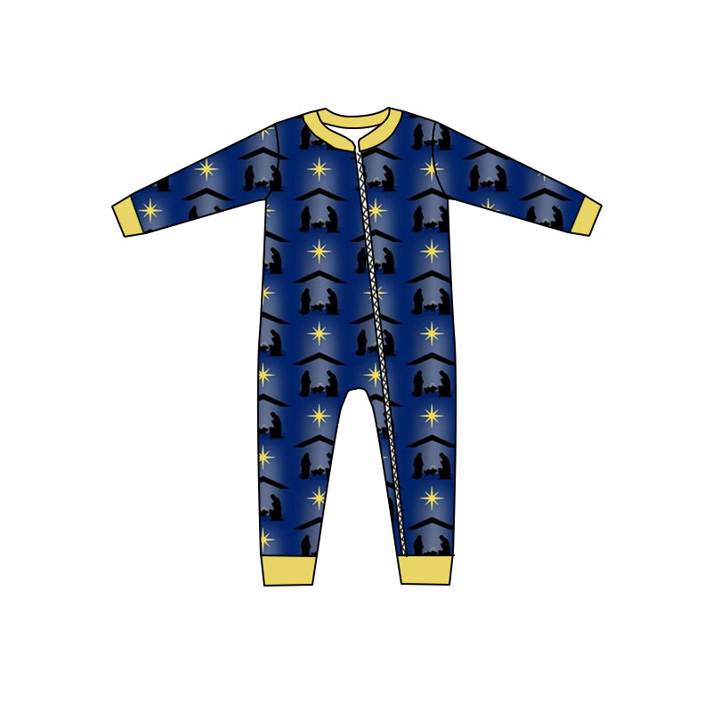 Baby Boys Christmas Blue Nativity Long Sleeve Zip Rompers preorder(moq 5)