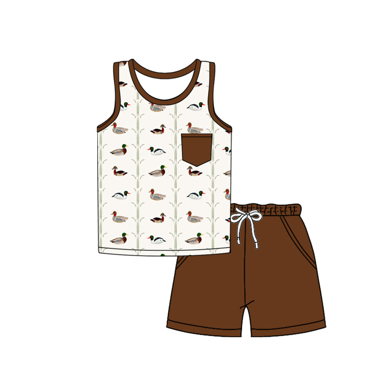Preorder (moq 5)Baby Boys Sleeveless Ducks Top Brown Pocket Short Set