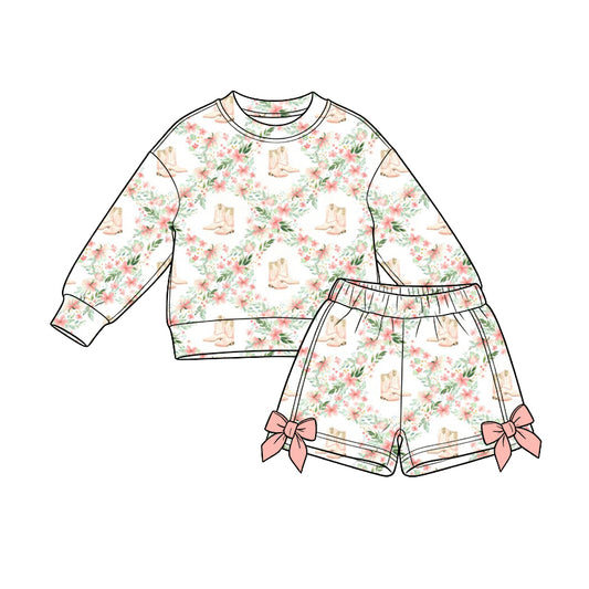 Preorder (moq 5) Baby Girl Clothes Floral Cowgirl Boot Watercolor Print Long Sleeve Top Bow Shorts Outfit Set