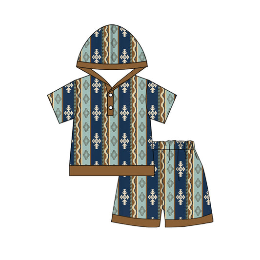 Preorder (moq 5)Baby Boys Stripes Aztec Hooded Top Shorts Clothes Sets