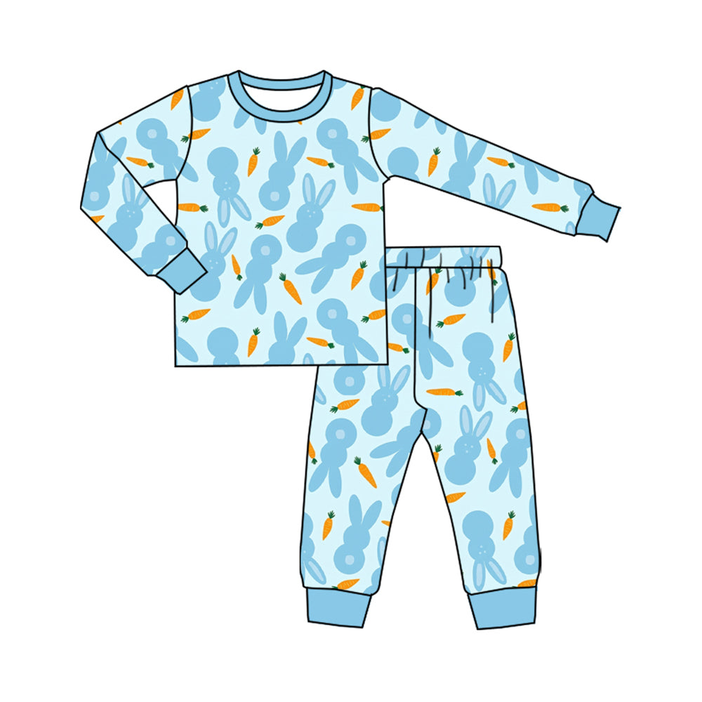Preorder (moq 5) Baby Boy Clothes Light Blue Bunny Carrot Silhouette Print Long Sleeve Cuff Pajama Set
