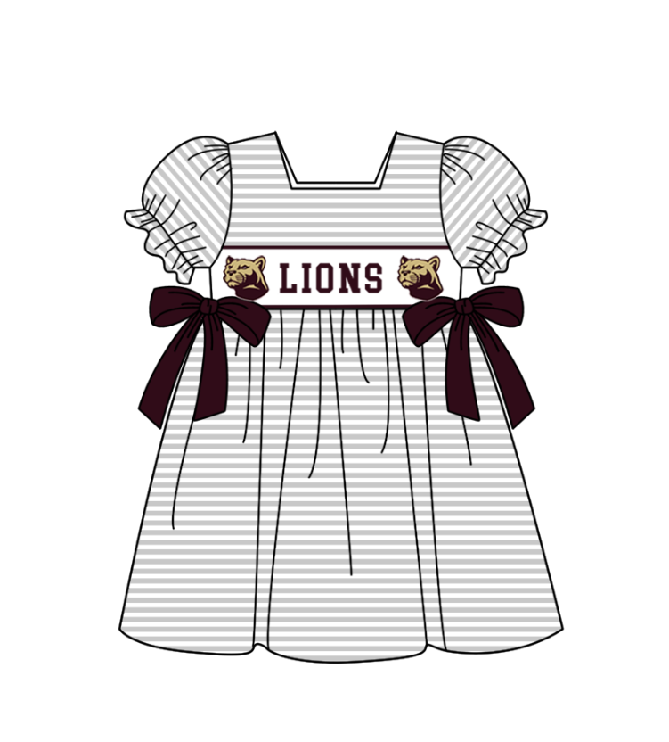Preorder (moq 5)Baby Girls Lions Bows Stripe Team Knee Length Dresses