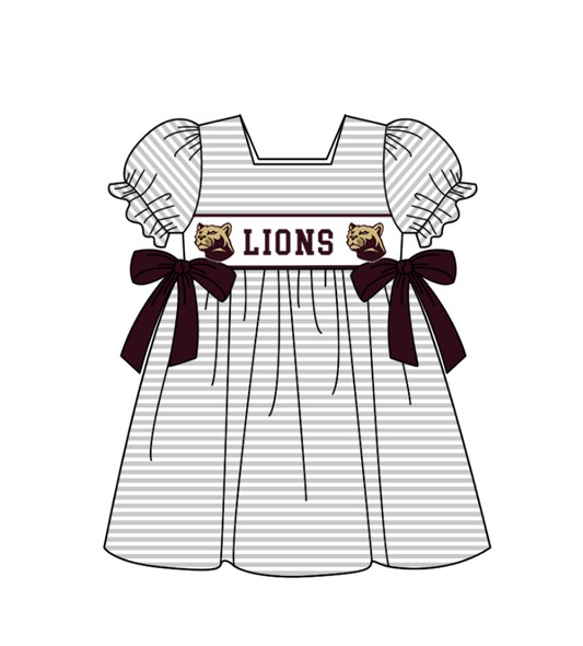 Preorder (moq 5)Baby Girls Lions Bows Stripe Team Knee Length Dresses