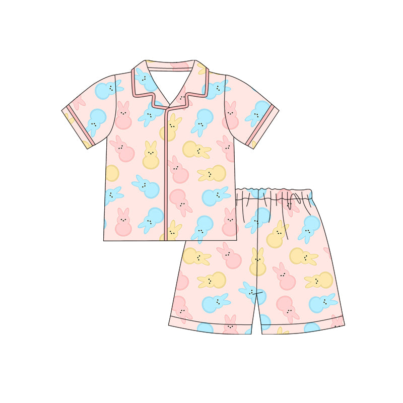Preorder (moq 5)Baby Girls Colorful Rabbits Button Top Shorts Easter Pajamas Sets