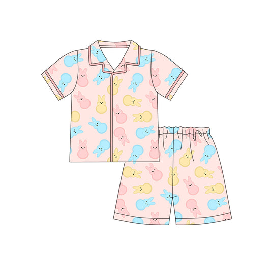 Preorder (moq 5)Baby Girls Colorful Rabbits Button Top Shorts Easter Pajamas Sets