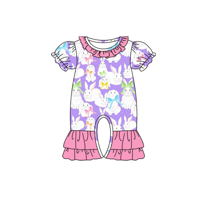 Preorder (moq 8)Baby Girls Colorful Bows Rabbits Easter Ruffle Footie Rompers