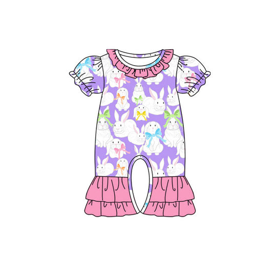 Preorder (moq 8)Baby Girls Colorful Bows Rabbits Easter Ruffle Footie Rompers