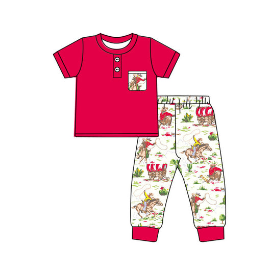 Preorder(moq 8)Baby Boys Pocket Button Top Horse Rodeos Pants Western Clothes Sets
