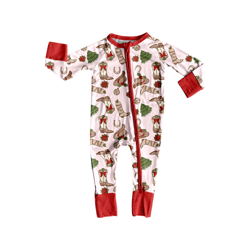 Preorder (moq 20)Baby Girls Bamboo Hats Boots Holly Trees Christmas Zippy Footie Rompers