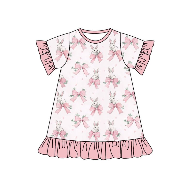 Preorder (moq 5)Baby Girls Short Sleeve Bows Rabbits Easter Ruffle Knee Length Dresses