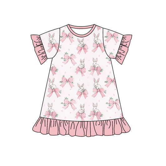 Preorder (moq 5)Baby Girls Short Sleeve Bows Rabbits Easter Ruffle Knee Length Dresses