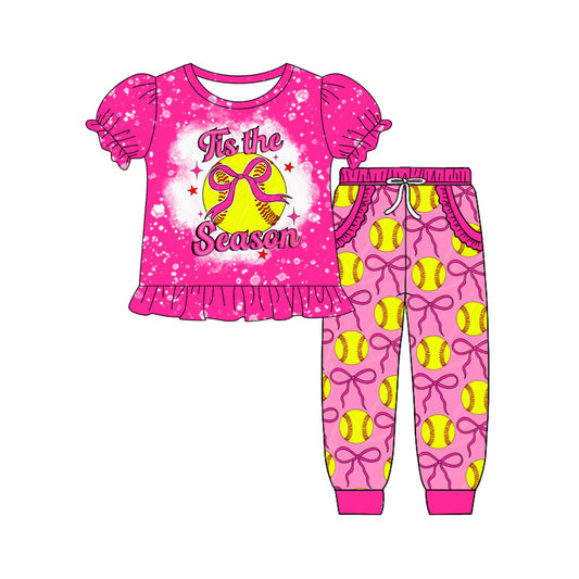 Preorder(moq 8)Baby Girls Hot Pink Bows Baseballs Top Pockets Jogger Team Clothes Sets