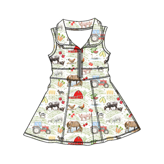 Preorder (moq 5)Baby Girls House Chicks Pigs Farm Zipper Knee Length Dresses