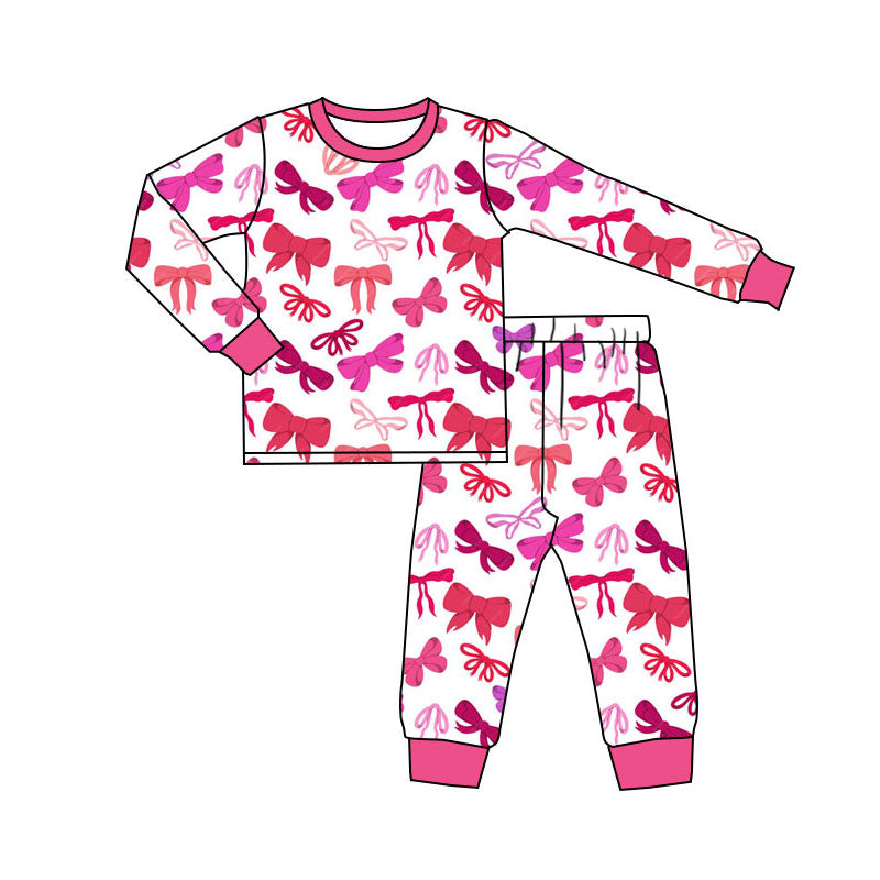 Preorder(moq 5) Baby Girls Red Pink Bows Plaid Top Pants Valentine Pajamas Sets