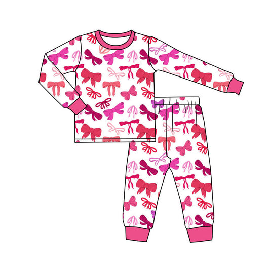 Preorder(moq 5) Baby Girls Red Pink Bows Plaid Top Pants Valentine Pajamas Sets