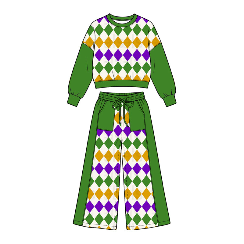 Preorder (moq5) Girl Clothes Mardi Gras Argyle Diamond Color Block Crop Sweatshirt Wide Leg Pants Set