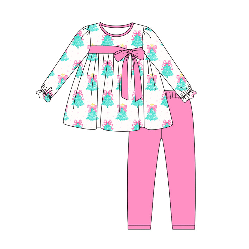 Preorder (moq 5)Baby Girls Long Ruffle Sleeves Trees Plaid Tunic Pink Legging Pant Sets