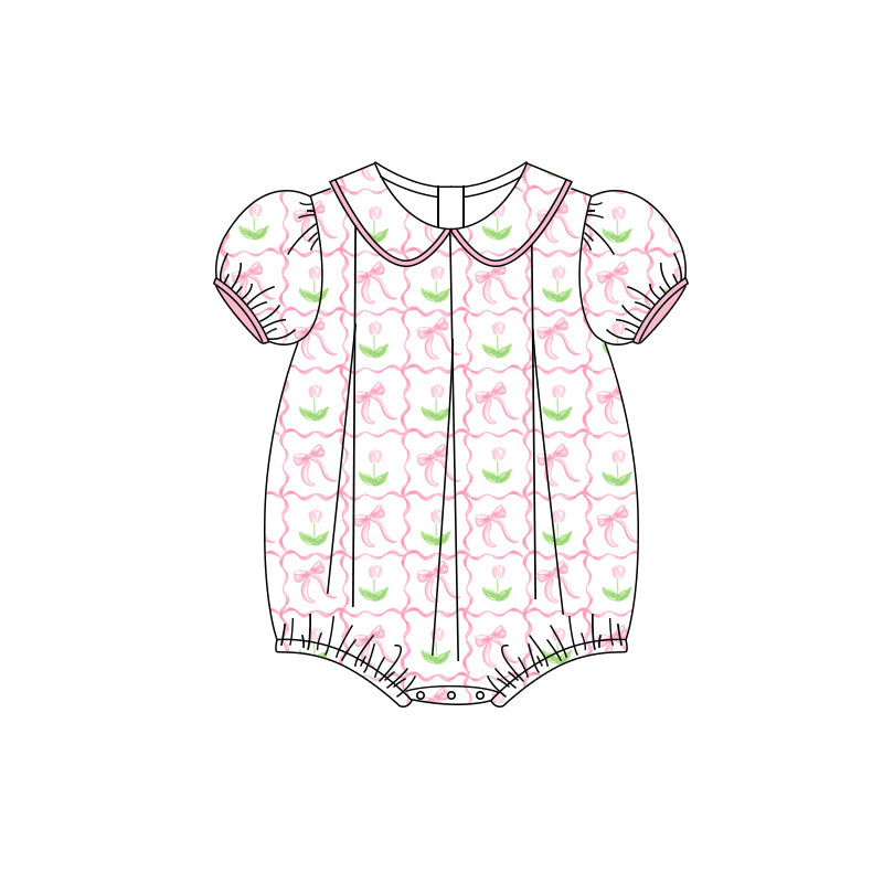 Preorder(moq 5)Baby Infant Girls Pink Short Ruffle Sleeves Floral Bows Plaid Ruffle Rompers