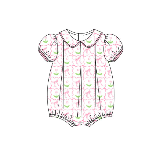 Preorder(moq 5)Baby Infant Girls Pink Short Ruffle Sleeves Floral Bows Plaid Ruffle Rompers