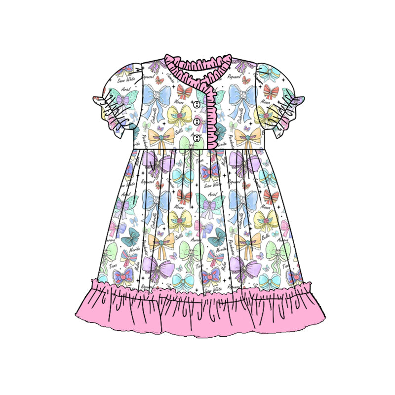 Preorder (moq 5)Baby Girls Pink Short Ruffle Sleeves Colorful Bows Button Knee Length Dresses