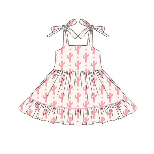 Preorder (moq 5)Baby Girls Bows Strap Pink Cactus Polka Dots Ruffle Knee Length Dresses