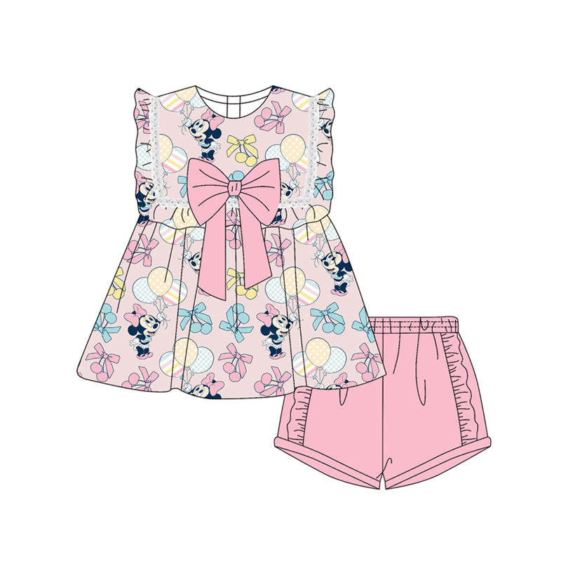 Preorder moq 5 Baby Girls Sleeveless Cartoon Mouse Balloons Tunic Ruffle Short Set
