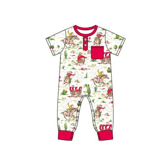 Preorder (moq 8)Baby Boys Pocket Button Horse Rodeos Western Footie Rompers