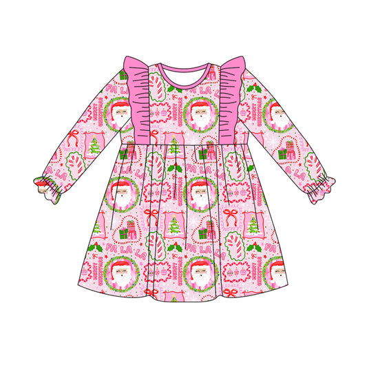 Preorder (moq 5)Baby Girls Long Ruffle Sleeves Pink Santa Bows Plaid Knee Length Dresses