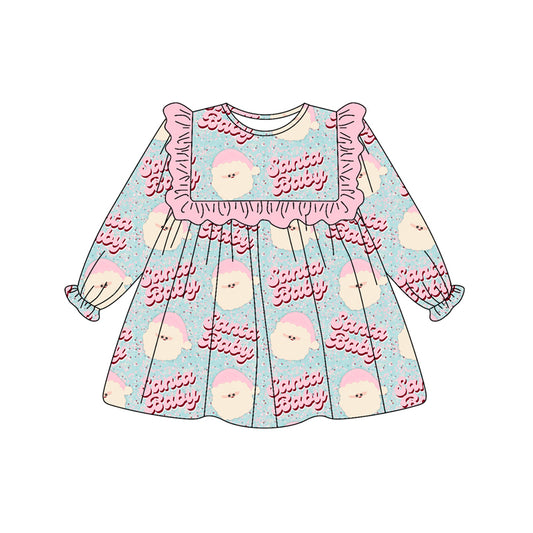 Preorder (moq 5)Baby Girls Long Ruffle Sleeves Pink Santa Babe Knee Length Dresses