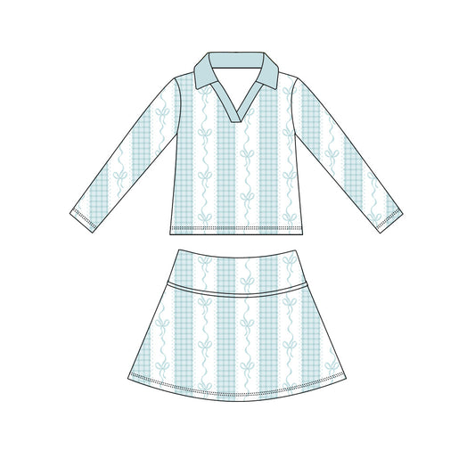 Preorder (moq 5)Baby Girls Long Sleeve Blue Bows Stripe Top Skirt Short Clothes Sets