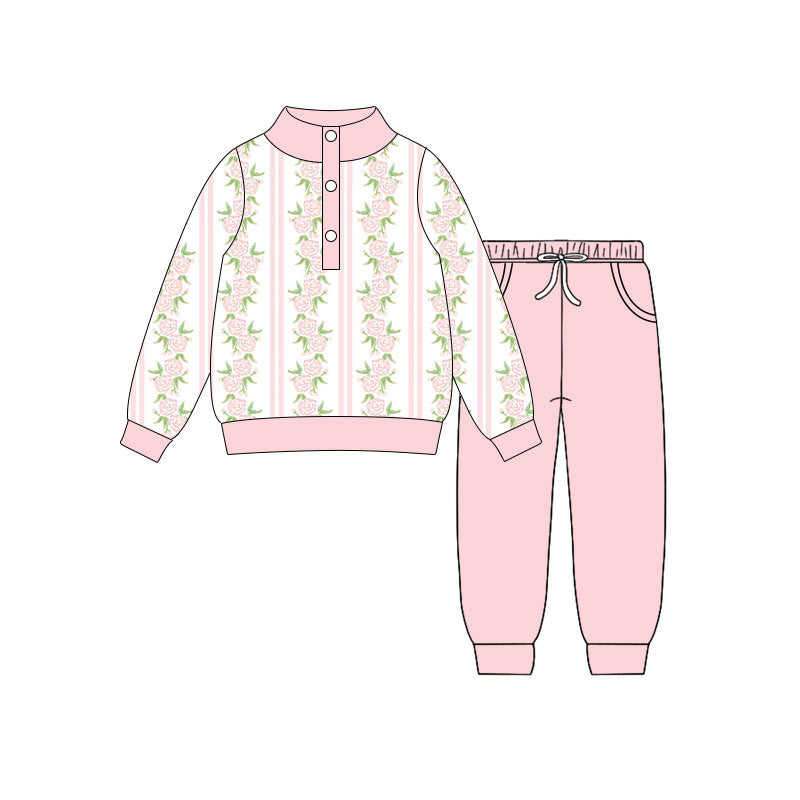 Preorder(moq 5) Baby Girls Pink Flowers Stripe Button Top Pockets Jogger Clothes Sets
