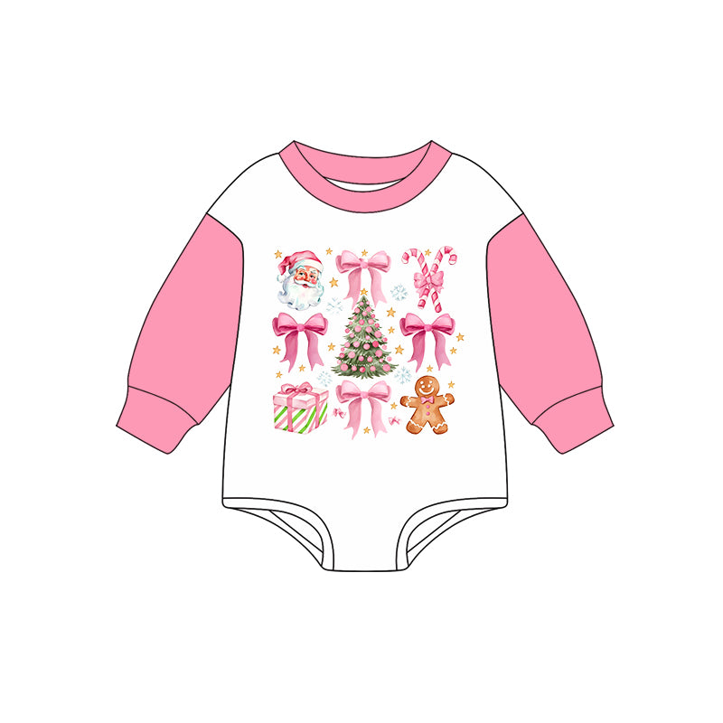 Preorder (moq 5)Baby Girls Pink Long Sleeves Bows Santa Gingerbread Rompers