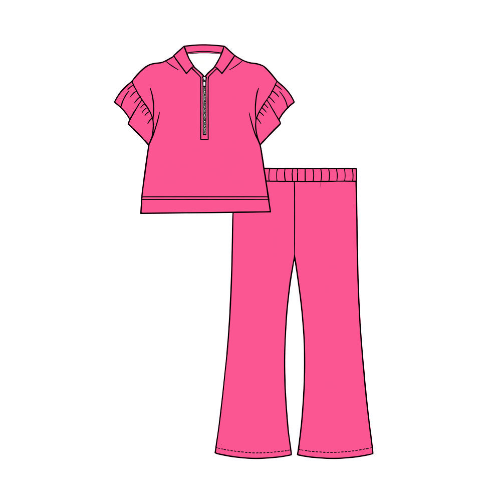 Preorder (moq 5)Baby Girls Rose Red Short Ruffle Sleeve Zip Pullovers Flare Pants Clothes Sets