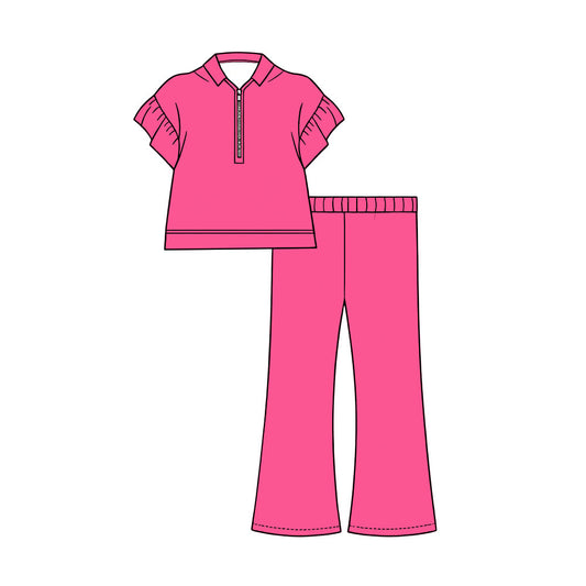 Preorder (moq 5)Baby Girls Rose Red Short Ruffle Sleeve Zip Pullovers Flare Pants Clothes Sets