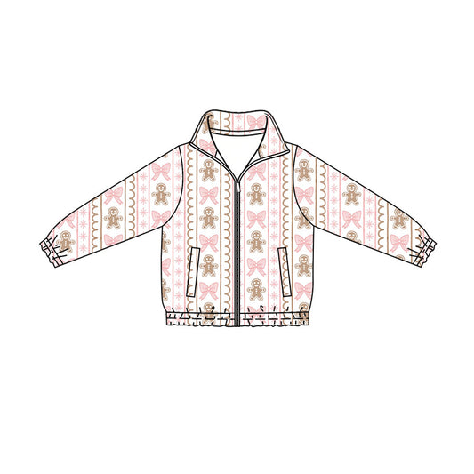 Preorder (moq 5)Baby Girls Bows Gingerbread Stripe Christmas Zip Pockets Jackets Top