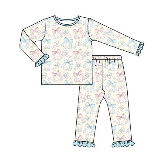 Preorder(moq 8)Baby Girls Long Sleeve Blue Pink Bows Flowers Top Ruffle Pants Pajamas Sets