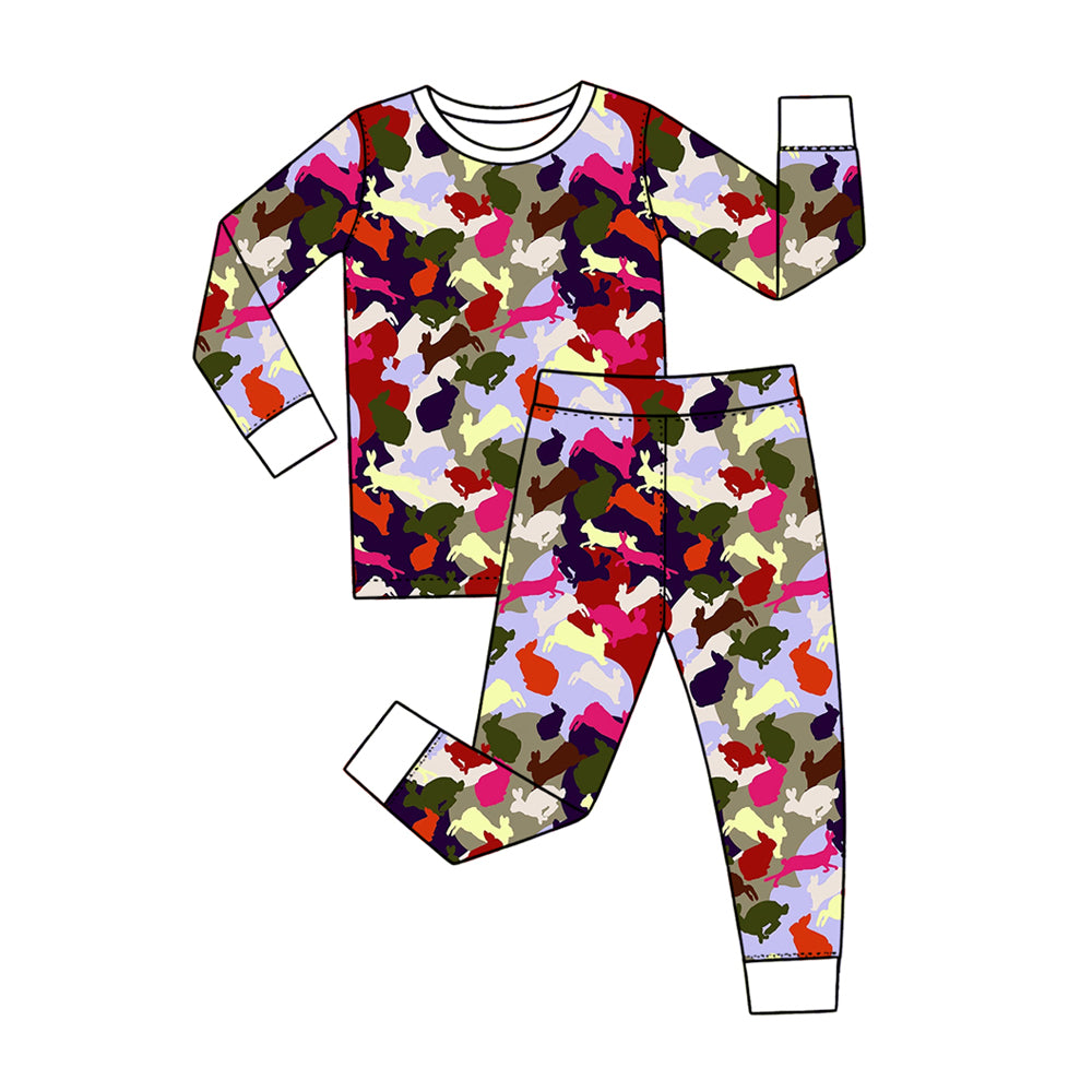 Preorder (moq 5) Baby Boy Clothes Easter Multi Color Camo Bunny Silhouette Mixed Print Long Sleeve Pajama Set